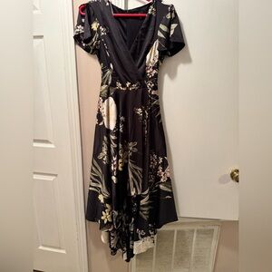 Lulu's Delightful Dreaming black floral satin faux wrap dress